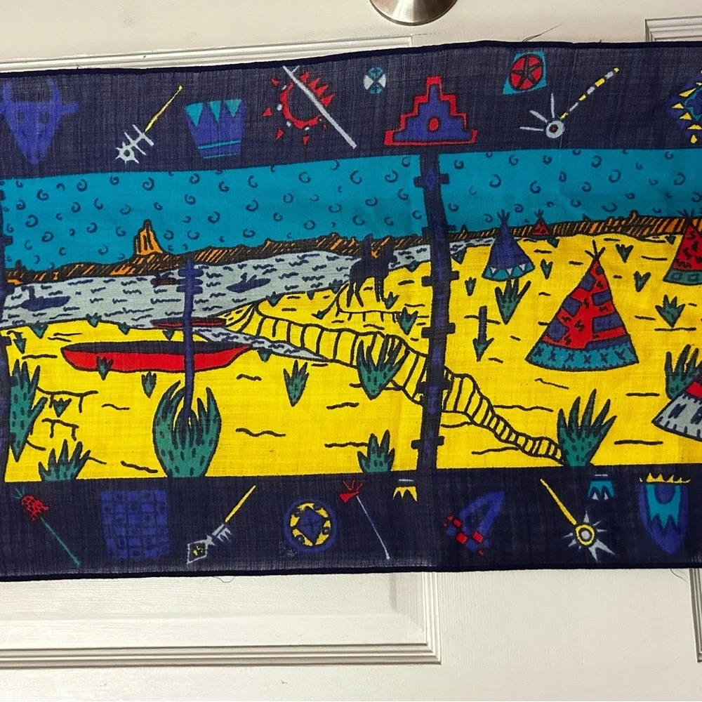 Colorful Novelty Print Scarf Teepee Indian Landscape Canoes Red Blue Multi 14x50